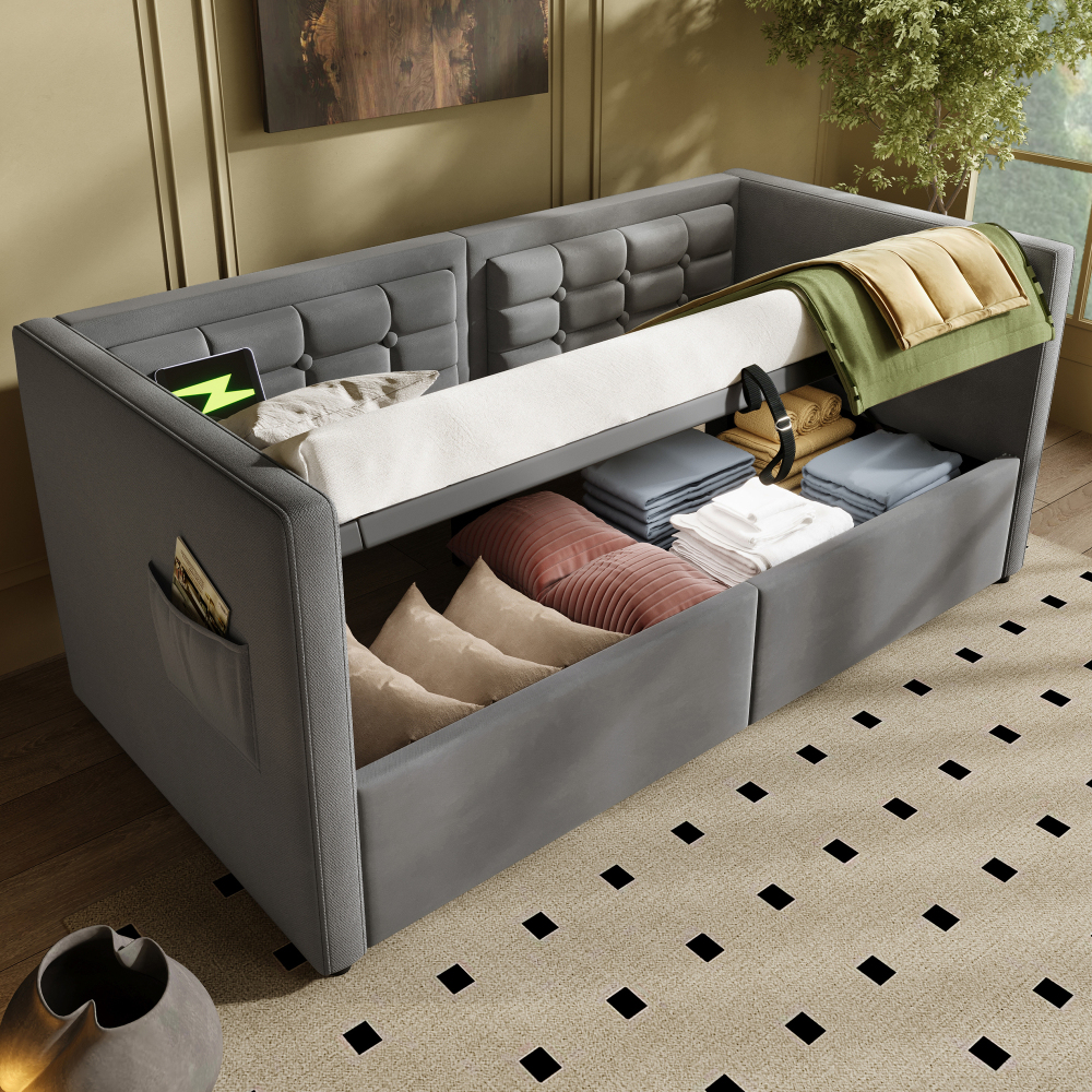 Sofá cama 90x200cm con canapé hidráulico y usb-c terciopelo gris
