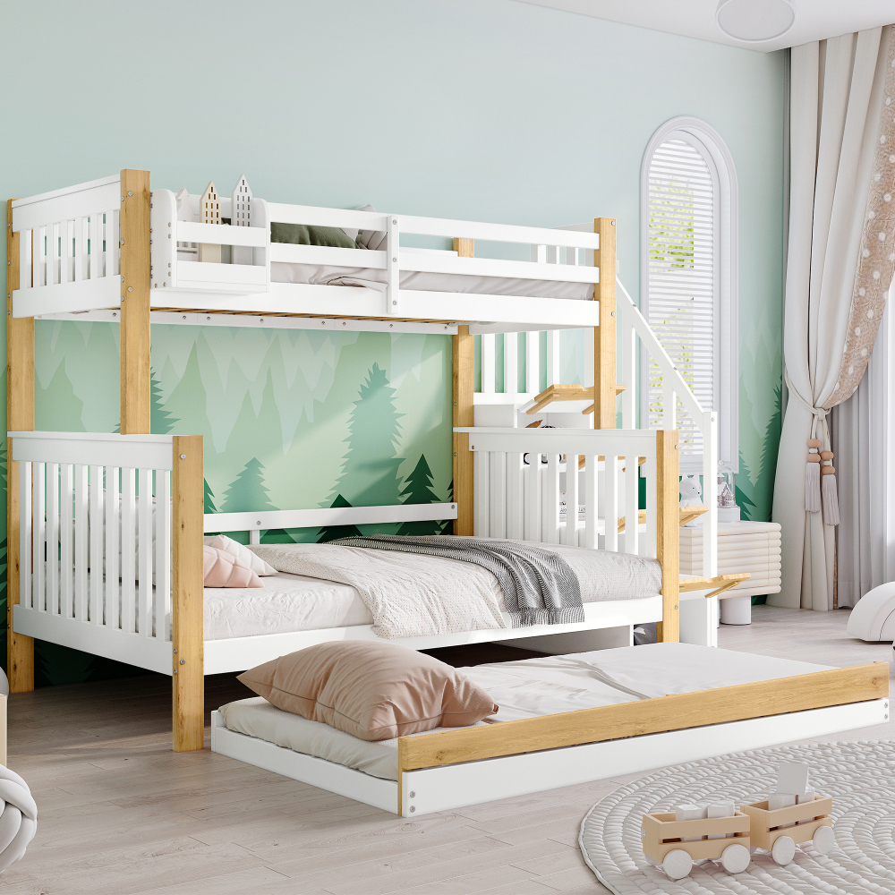 Litera 120x200cm con cama nido y almacenaje madera – blanco y natural