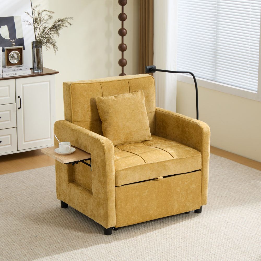 Sillón cama individual chenilla mostaza reclinable con almacenaje