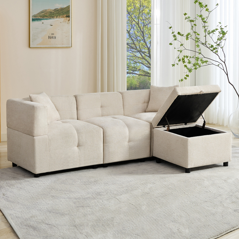 Sofá chaise longue modular chenilla beige 3 plazas con arcón y cojines