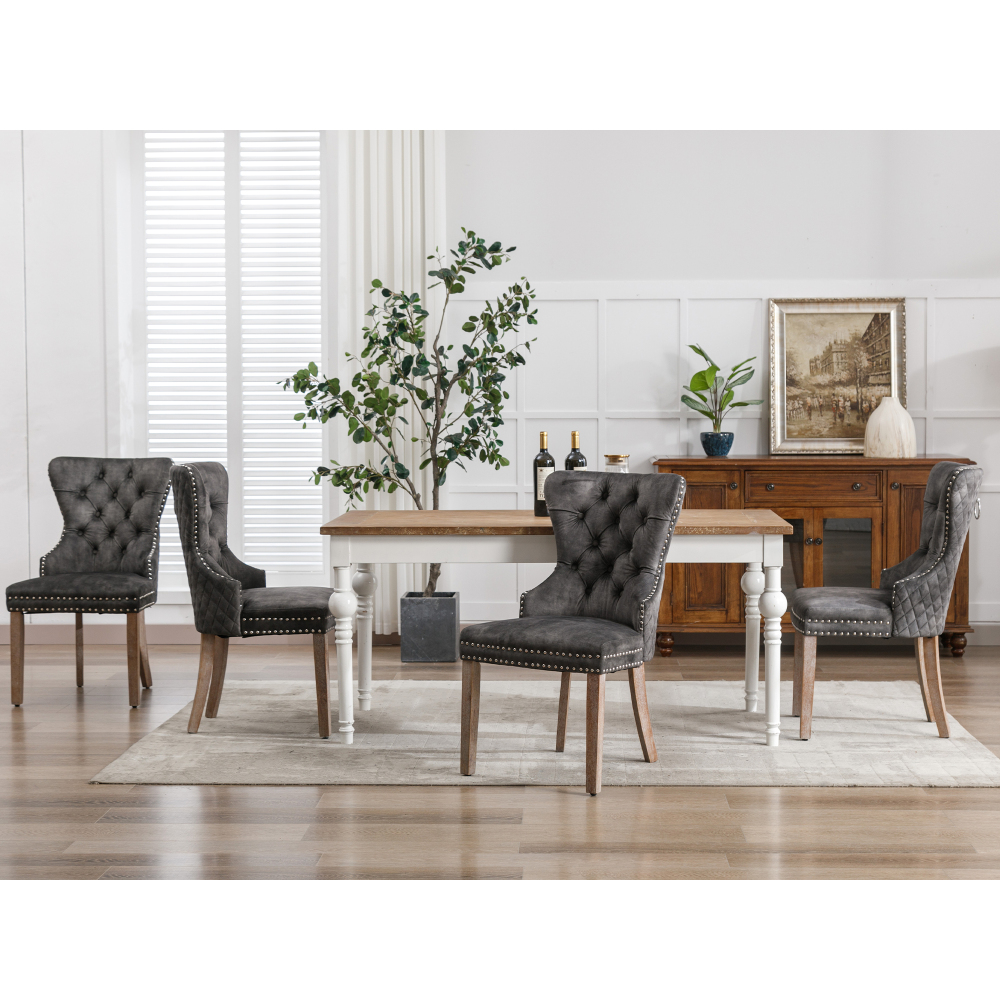 Silla de comedor terciopelo gris set 4 con patas madera y aro