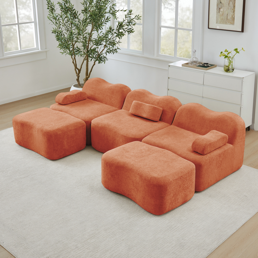 Sofá modular en u terciopelo naranja 3 plazas 2 otomanas asiento profundo