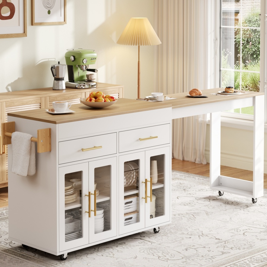 Isla de cocina con barra extraíble 2 puertas 2 cajones blanco 93x132,5x50cm