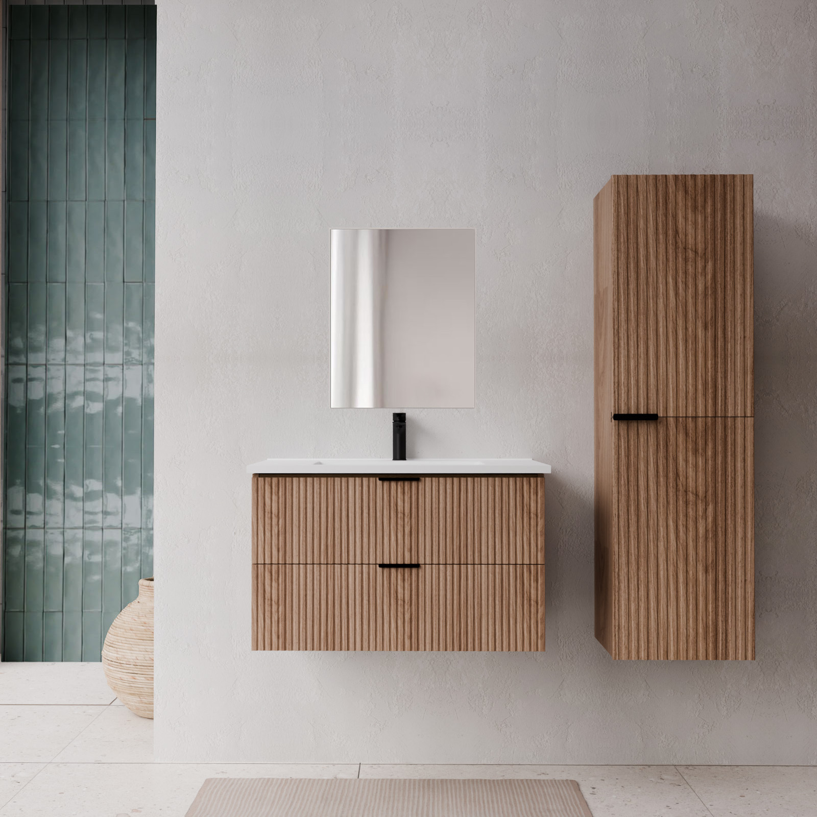 Mueble de baño 80cm y columna - frentes ondulados efecto madera - milo