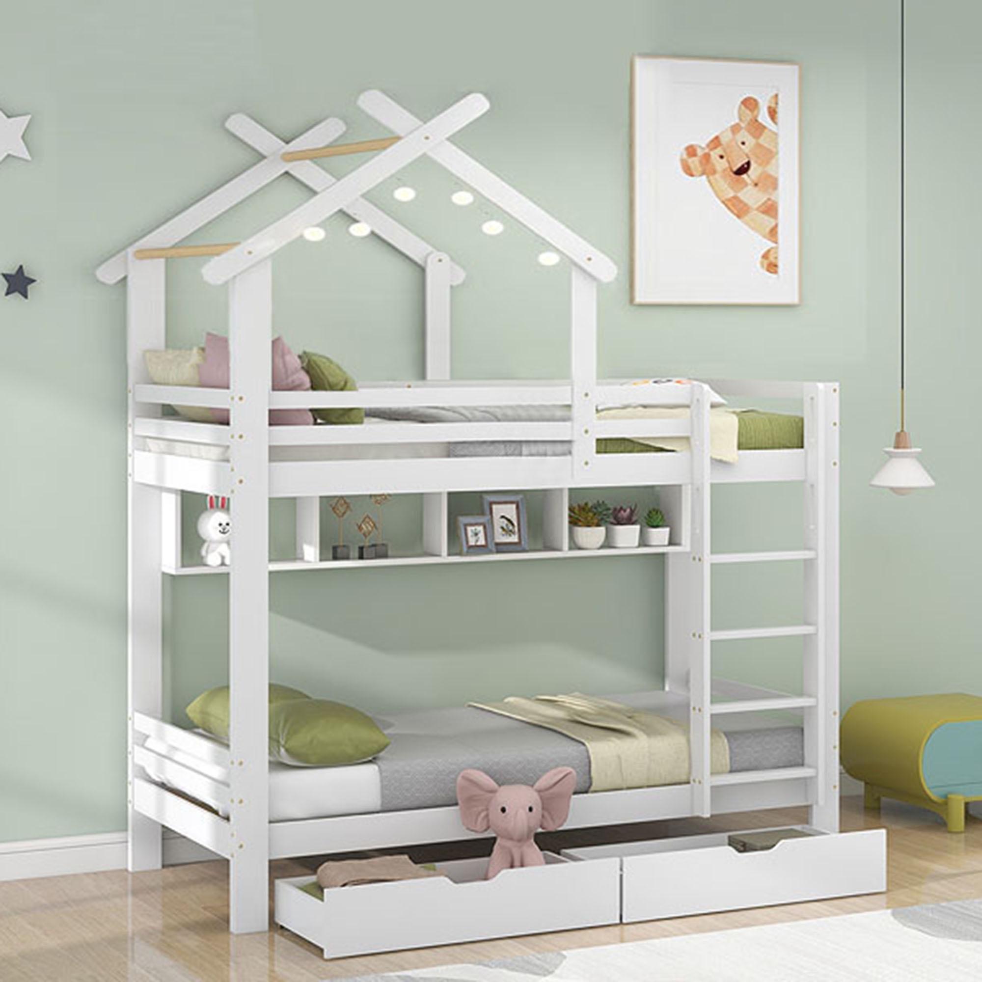 Litera 90x200 cm con cajones y estantes madera maciza y mdf – color blanco