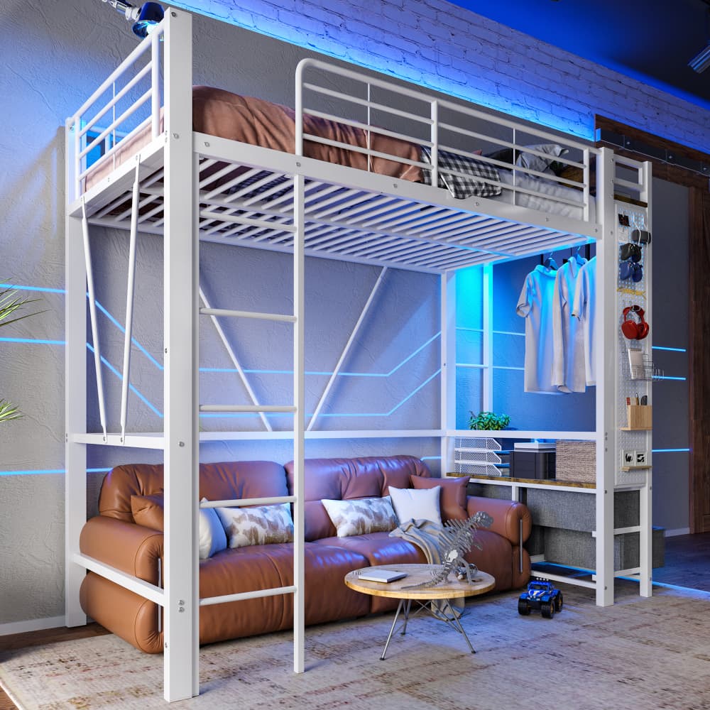 Litera 90x200 cm con LED, usb y cajones metal y mdf – color blanco