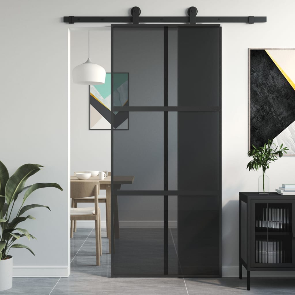 Puerta corredera vidrio templado y aluminio negra 90x205 cm esxt5970
