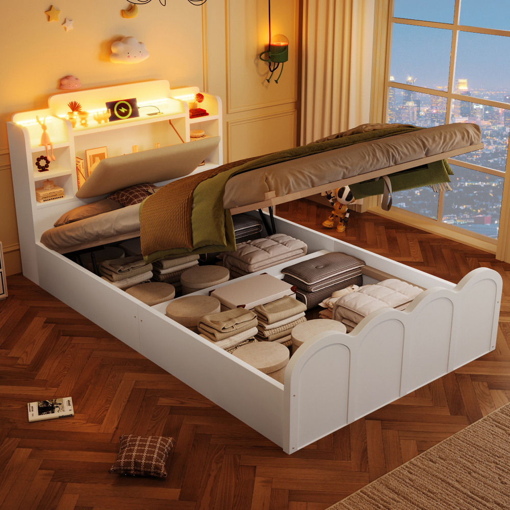 Cama multifuncional 90x200 cm con canapé hidráulico y LED madera – blanco