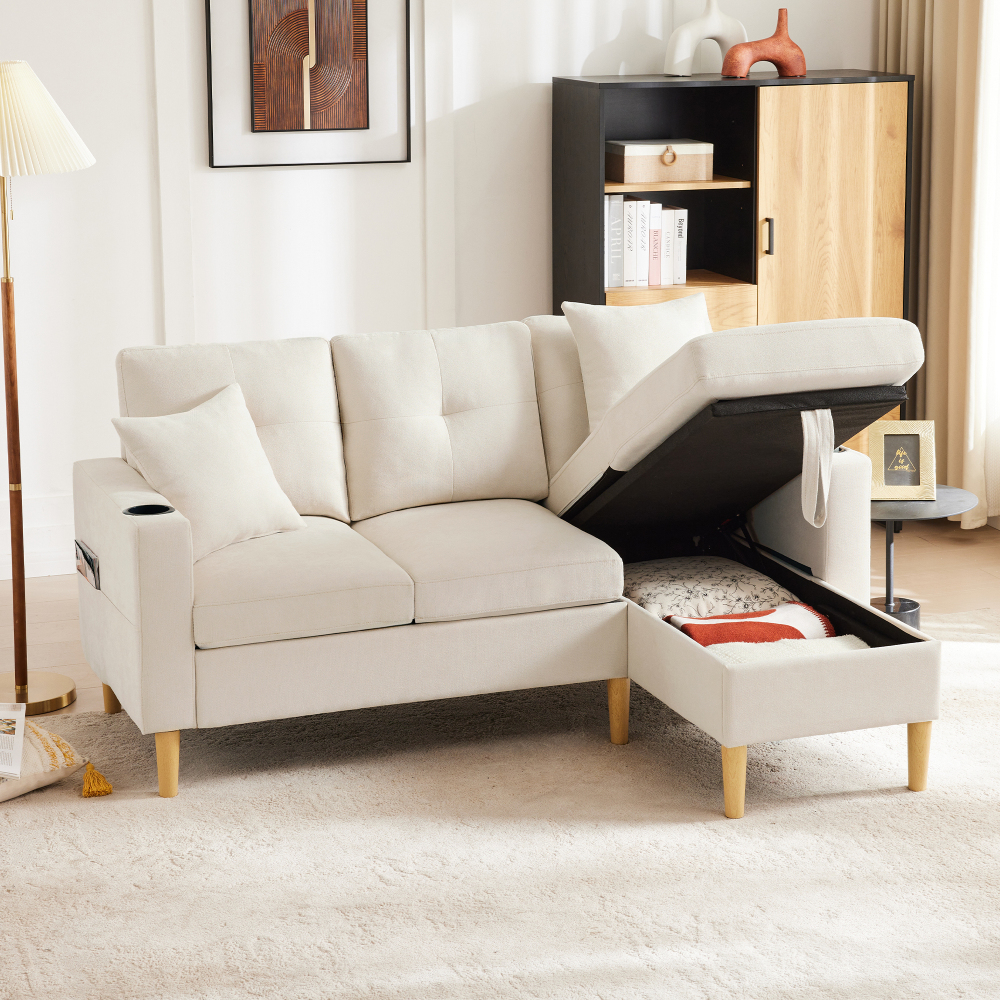Sofá chaise longue l algodón y lino beige 3 plazas con almacenaje y cojines