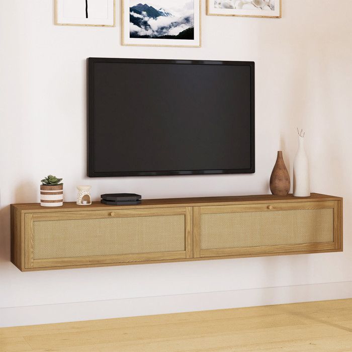Mueble de tv suspendido de madera con rejilla de ratán - 2 puertas - 180 cm