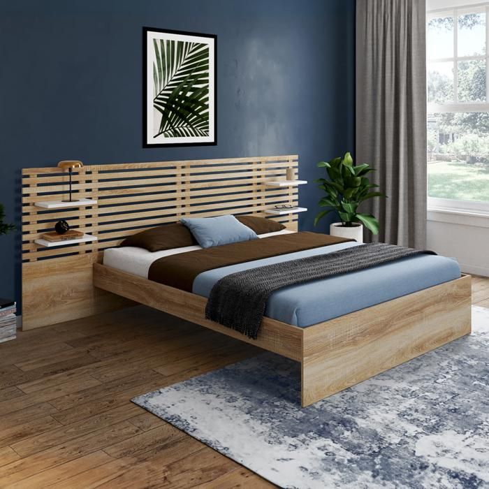 Cama doble de haya blanca con cabecero 140 x 190 cm