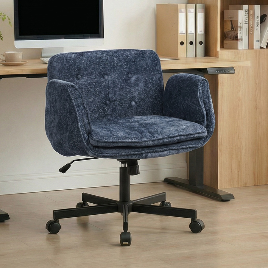 Silla oficina giratoria tela azul con reposabrazos plegables