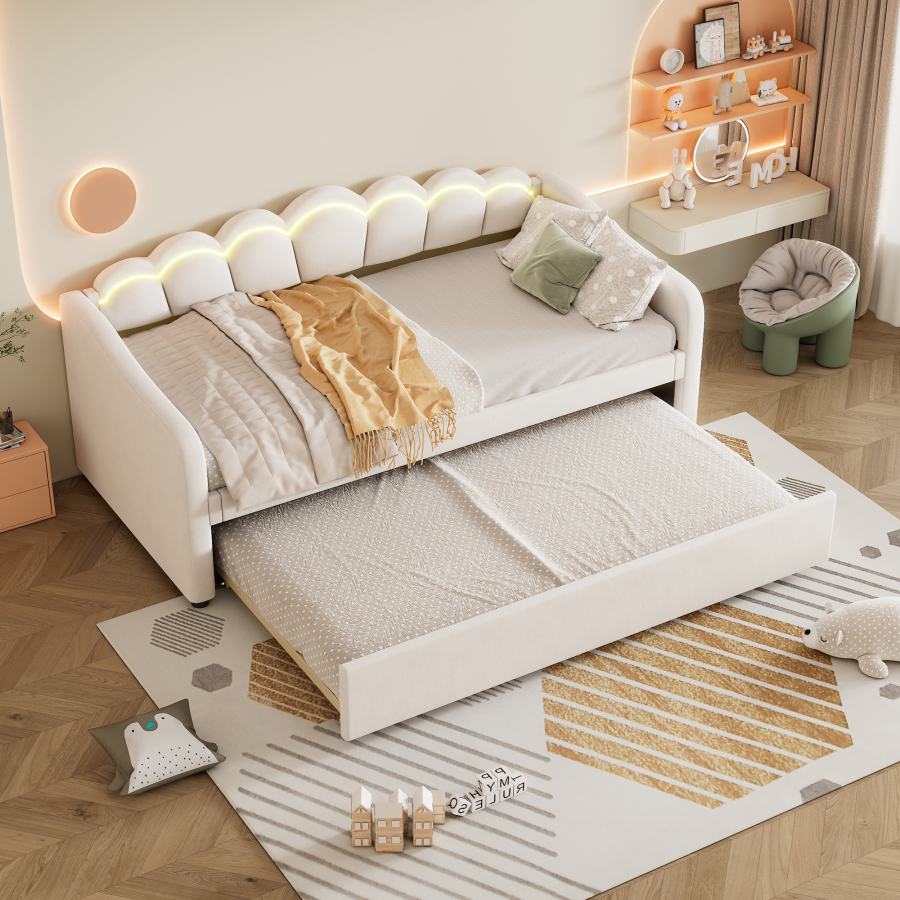 Cama nido 90x200cm con cama extra y LED terciopelo – color beige