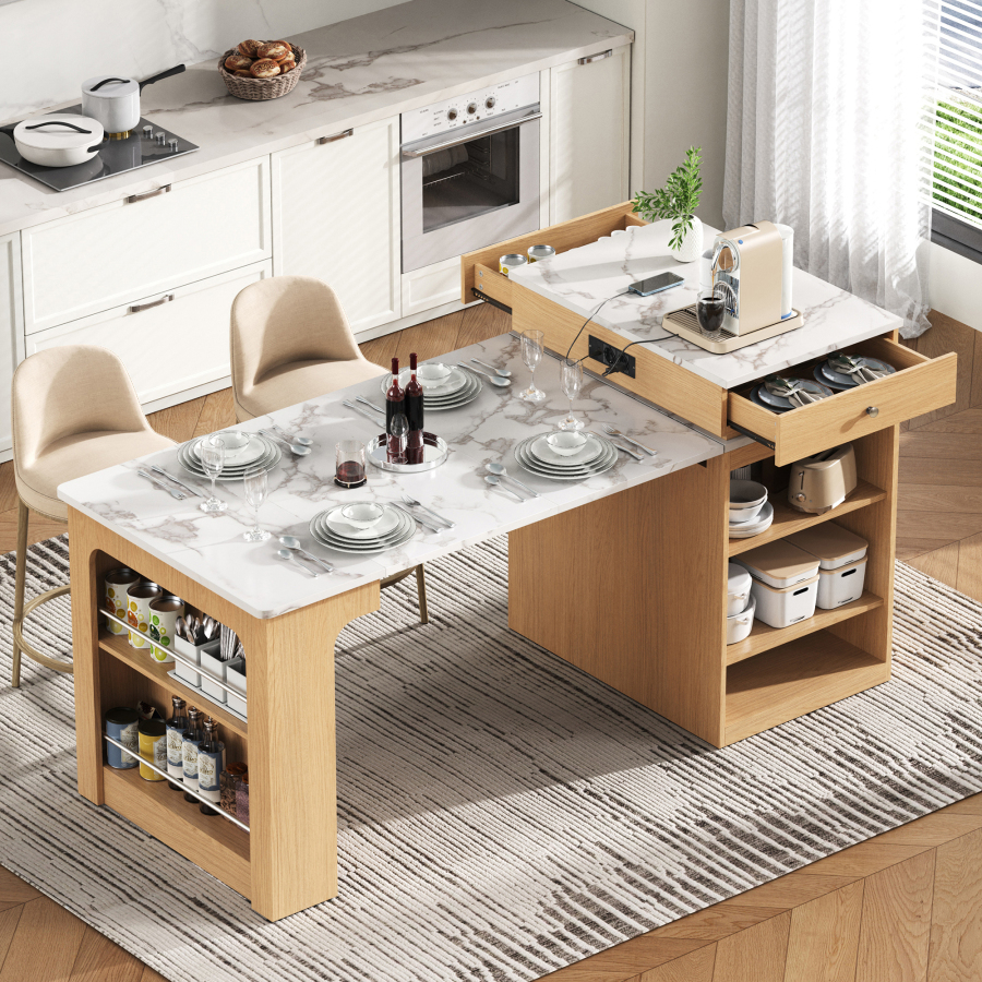 Isla de cocina con mesa extensible y enchufes natural 92x151x80cm