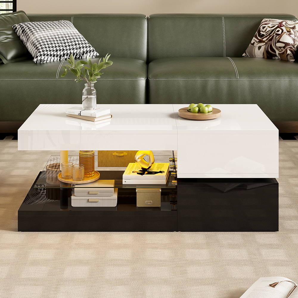 Mesa de centro,LED,tapa blanca con base negra