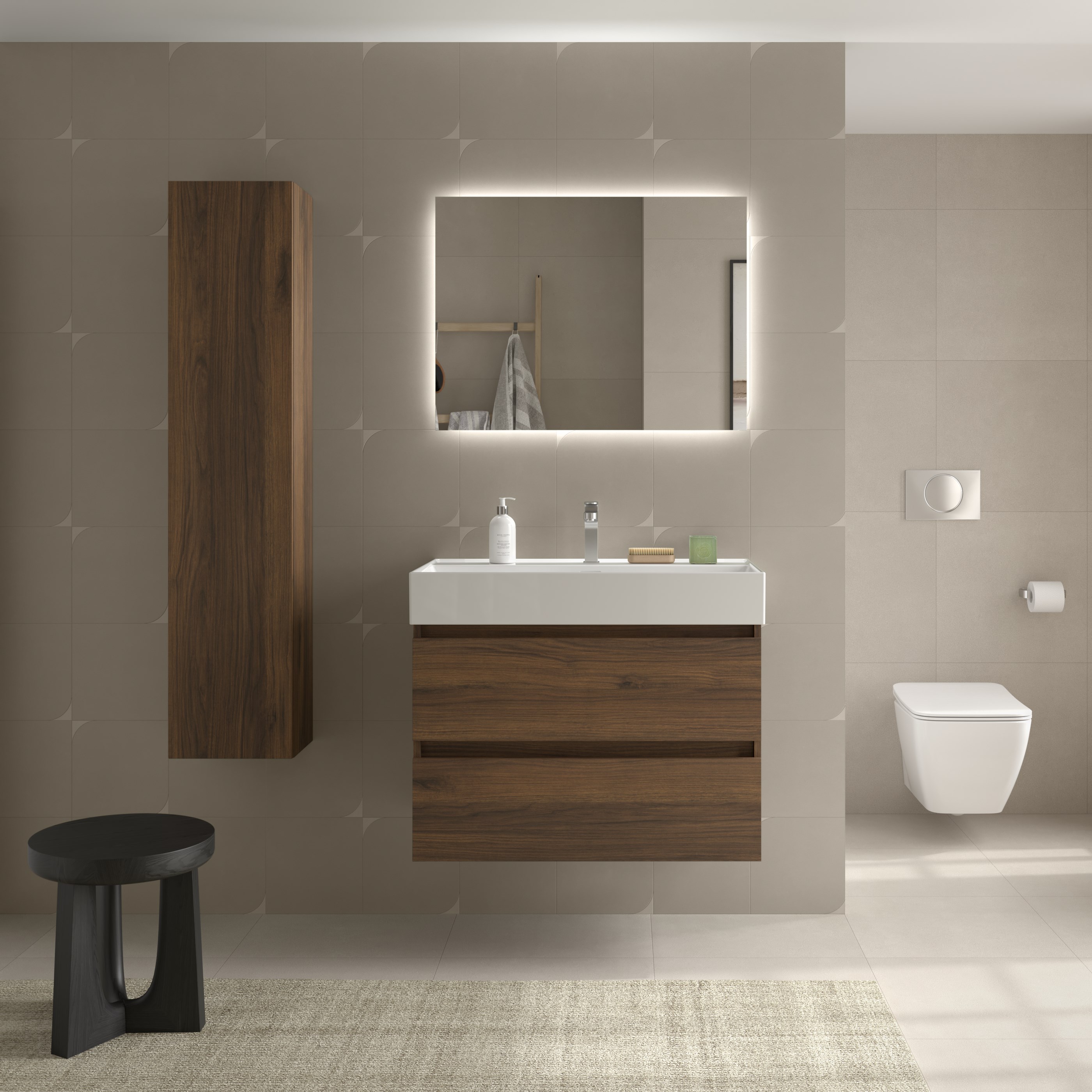 Mueble baño bequia 100cm + lavabo cerámica| nogal|100x45x66