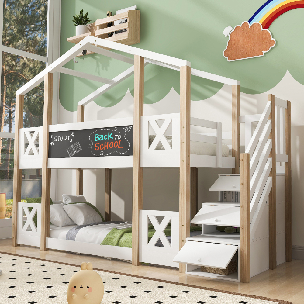 Litera casita 90x200cm con barandilla, pizarra y escalera madera – blanco