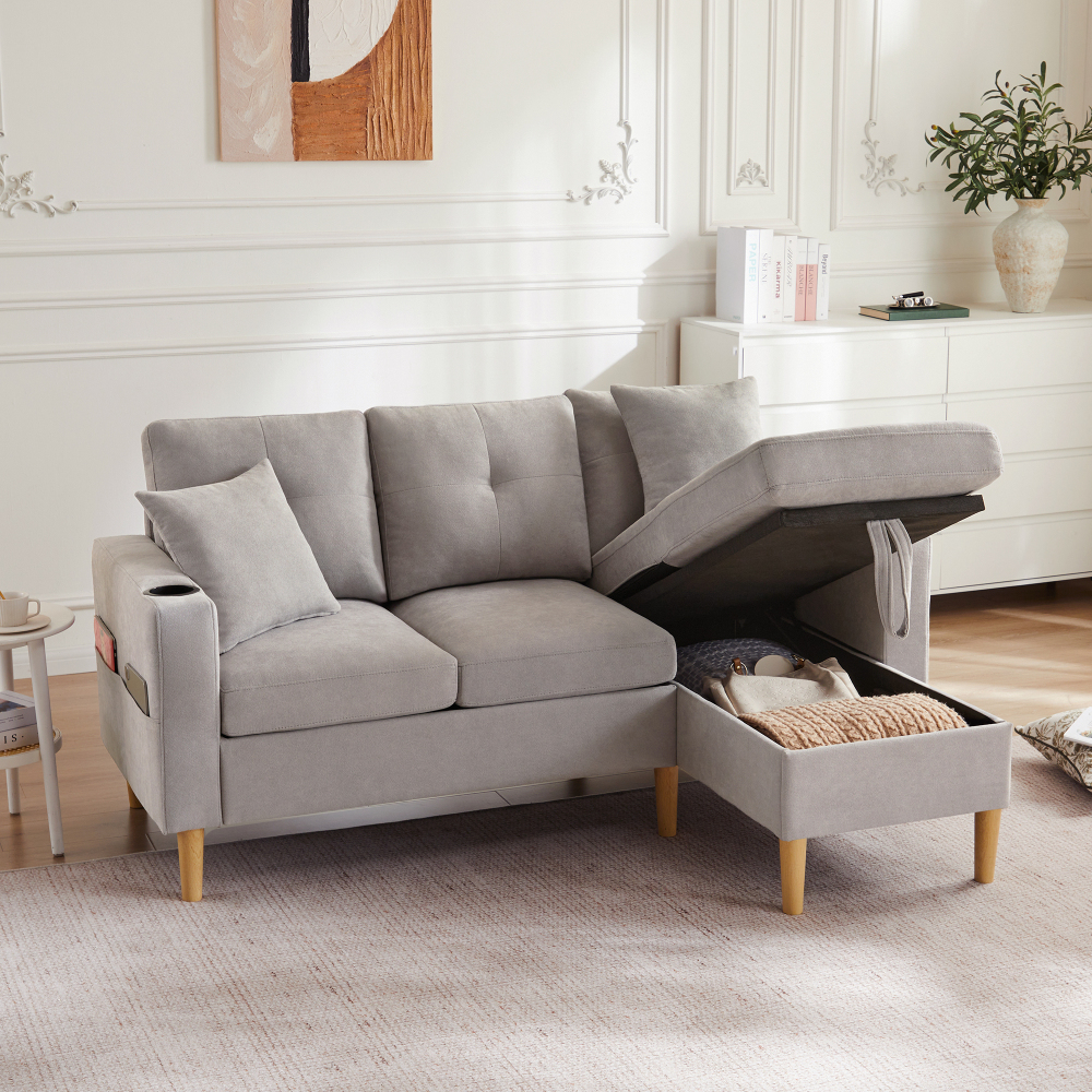Sofá chaise longue l algodón+lino gris claro 3 plazas almacenaje 2 cojines