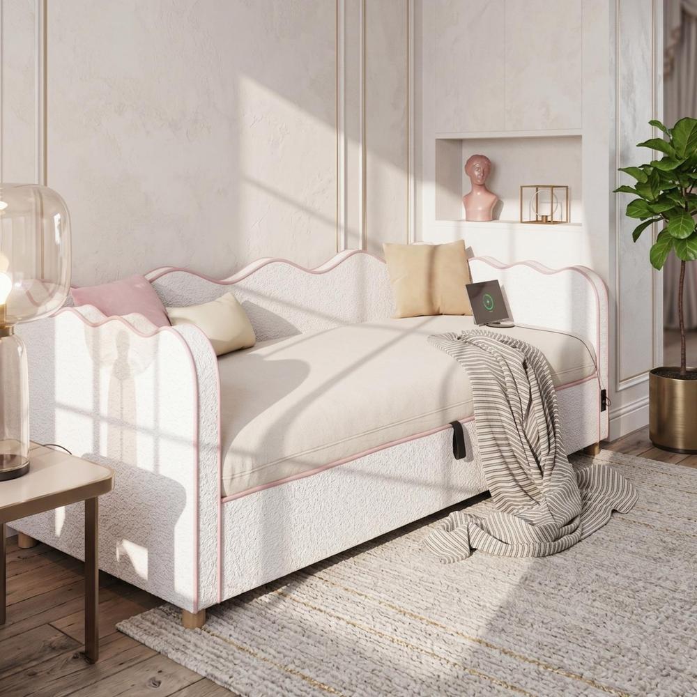 Cama abatible 90x200cm bouclé con almacenaje y usb type c beige