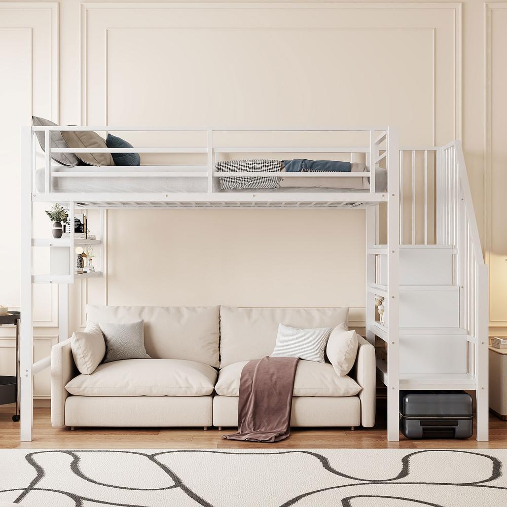 Cama alta 90x200 cm con estantes, escalera almacenaje, barrera, blanca