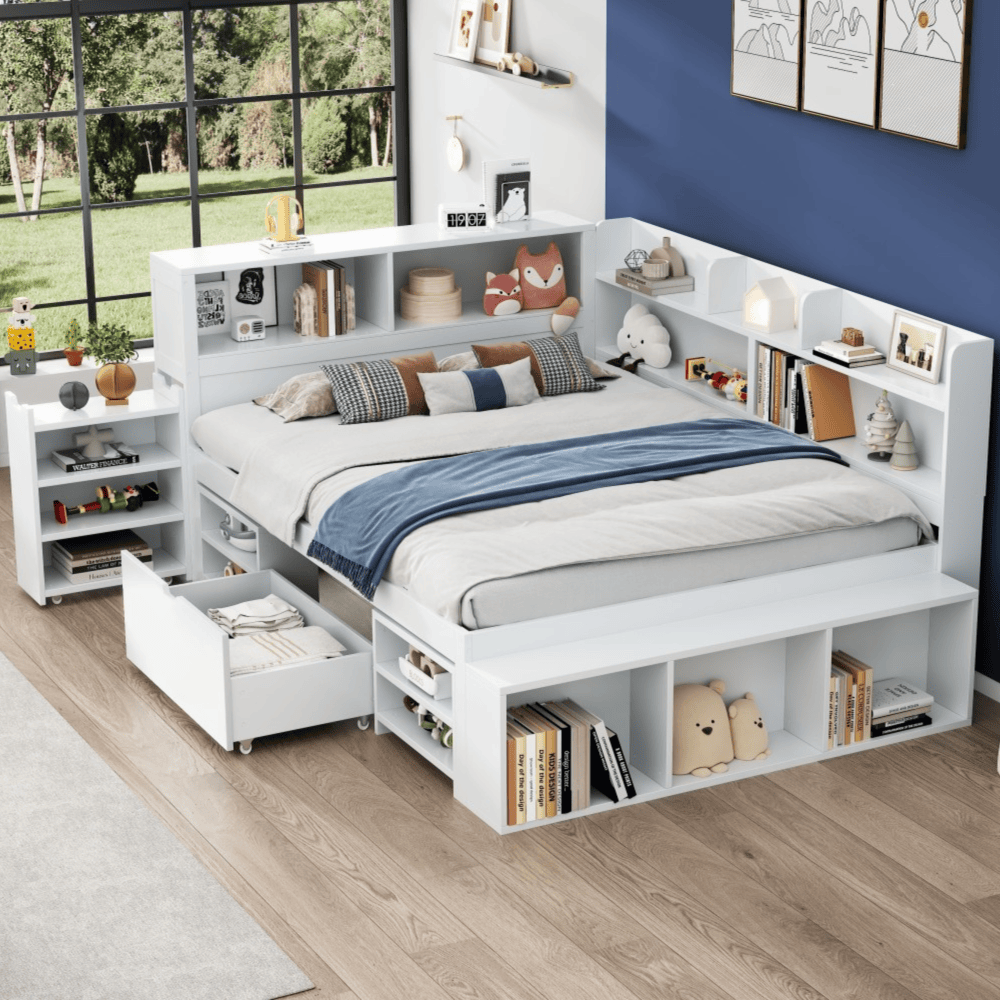 Cama individual 140x190cm con cajones y estantes contrachapado – blanco