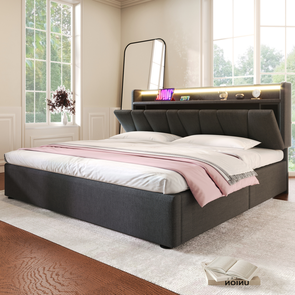 Cama tapizada 160x200cm con almacenaje y carga usb lino – gris