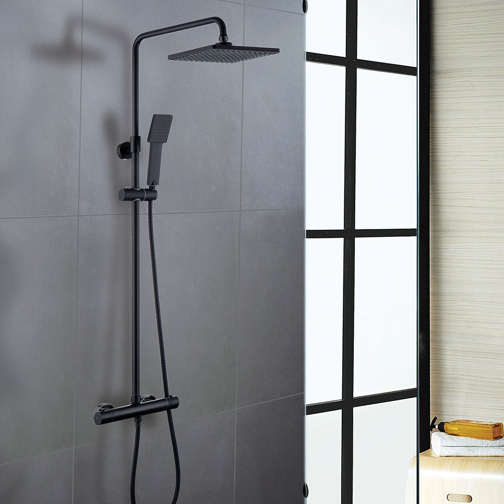 Kibath columna ducha termostática cuadrada de 83-120 cm negro mate de latón