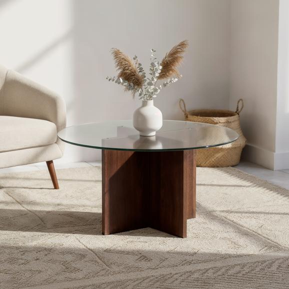 Mesa de centro redonda moderna giulia en cristal transparente, acabado noga