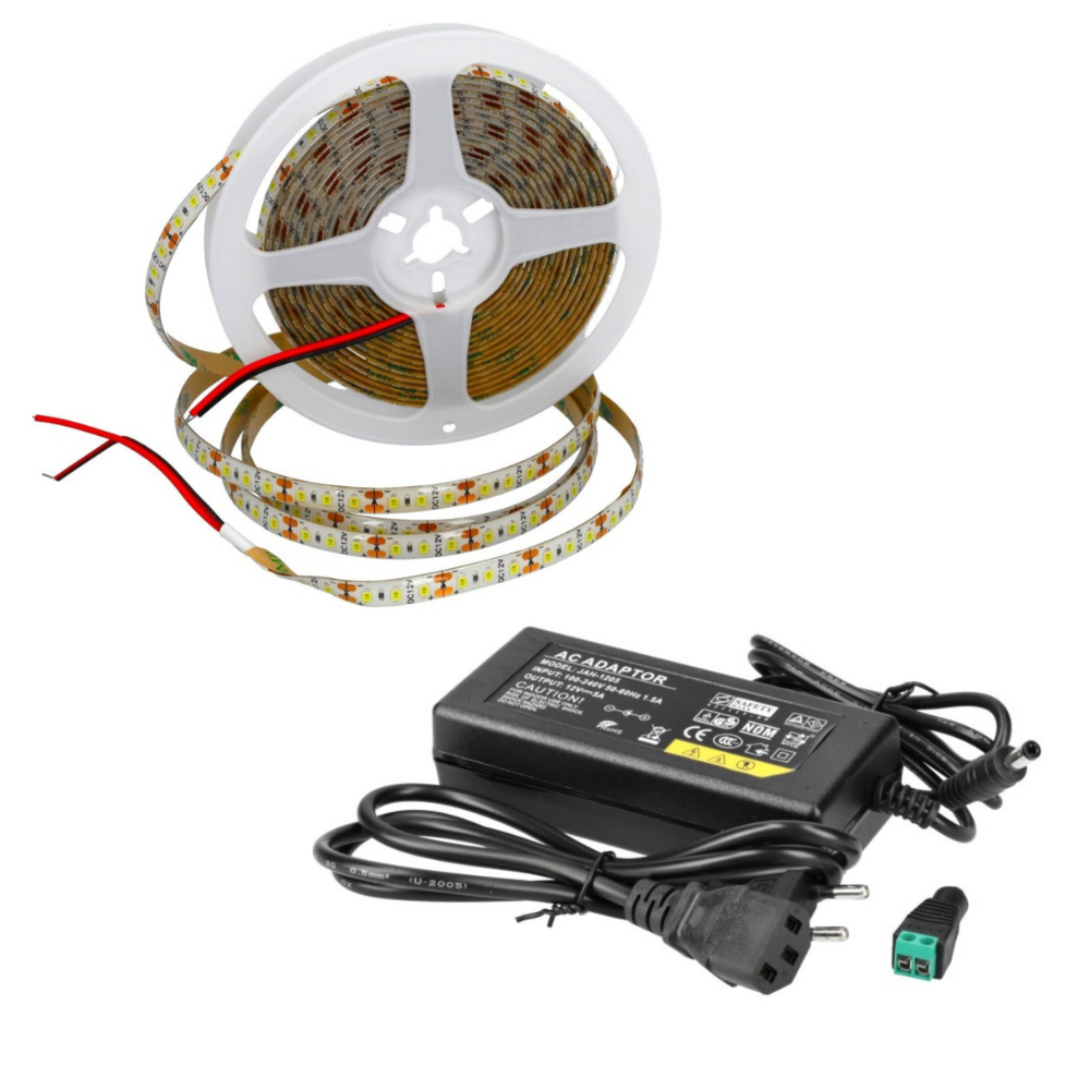 Kit tira LED 12v blanco 6000k 600LED 5m ip65, corte 25mm + transformador