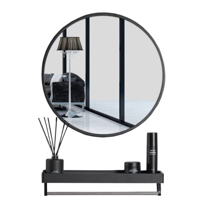 Espejo valora con estante, 60 cm, redondo, estilo loft, negro.