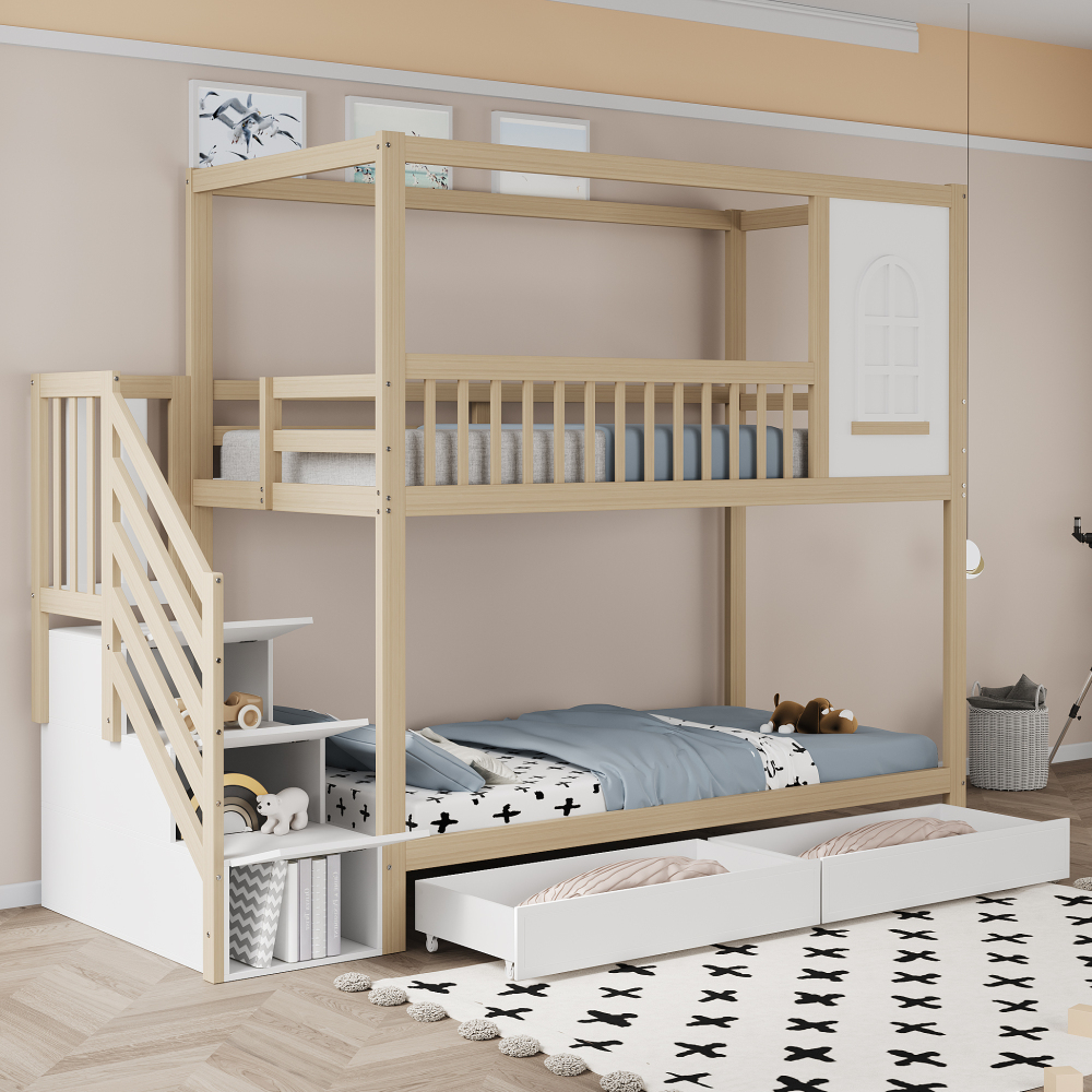 Litera juvenil 90x200cm, cajones y escalera de almacenaje, madera, natural