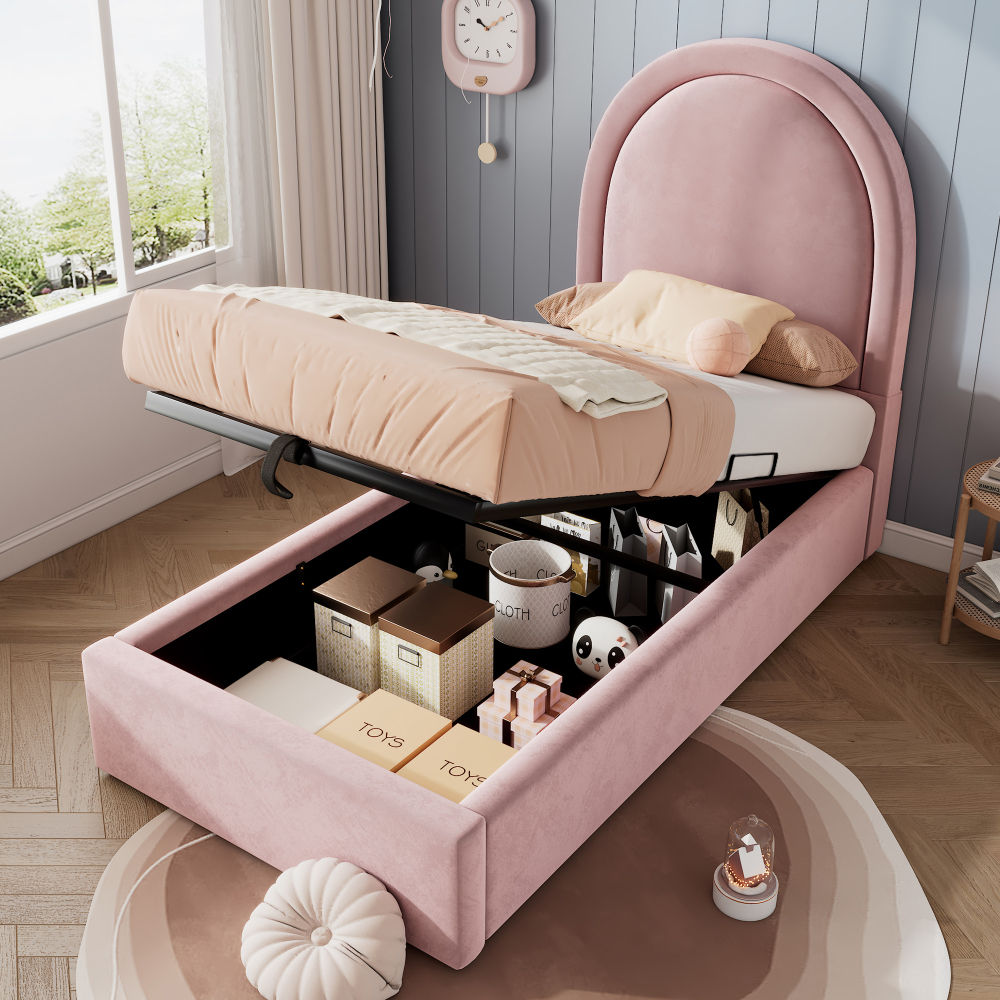 Cama tapizada 90x200 cm con canapé hidráulico terciopelo – color rosa