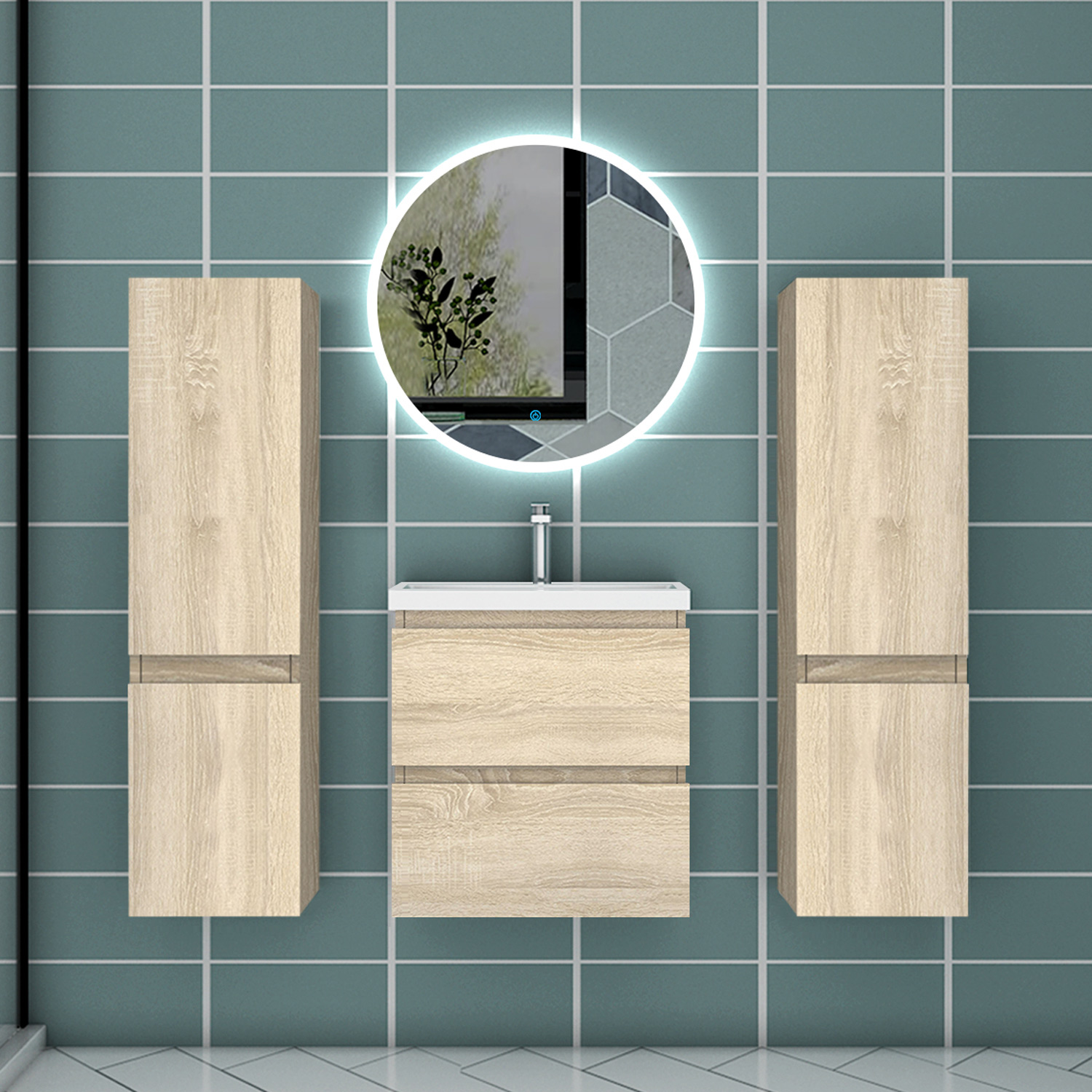 Mueble de baño aica de 50×38,5cm,roble,con lavabo,espejo y 2 laterales