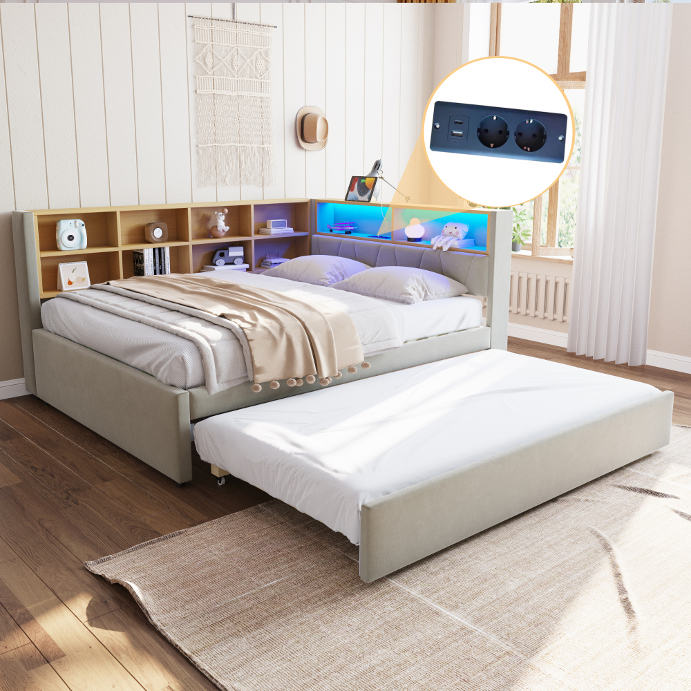 Cama nido 140x200cm con LED, usb y compartimentos franela gris claro
