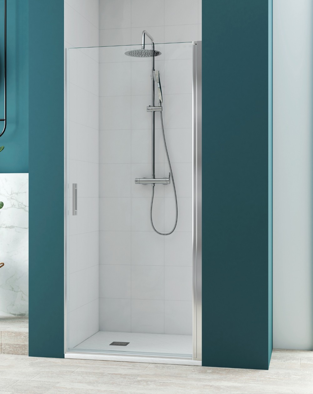 Mampara ducha frontal abatible 85cm transparente perfilería blanco