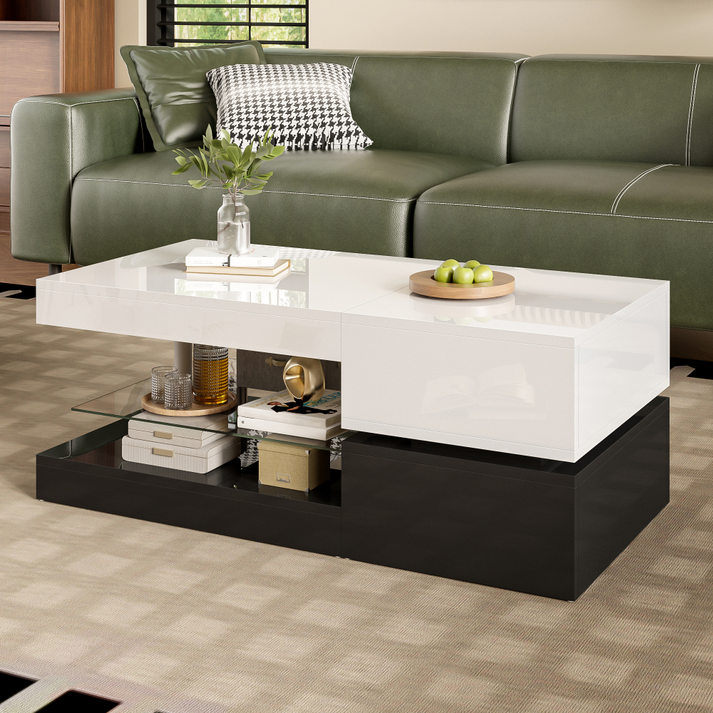 Mesa de centro con LED tablero de partículas negro blanco 35,5x90x45cm