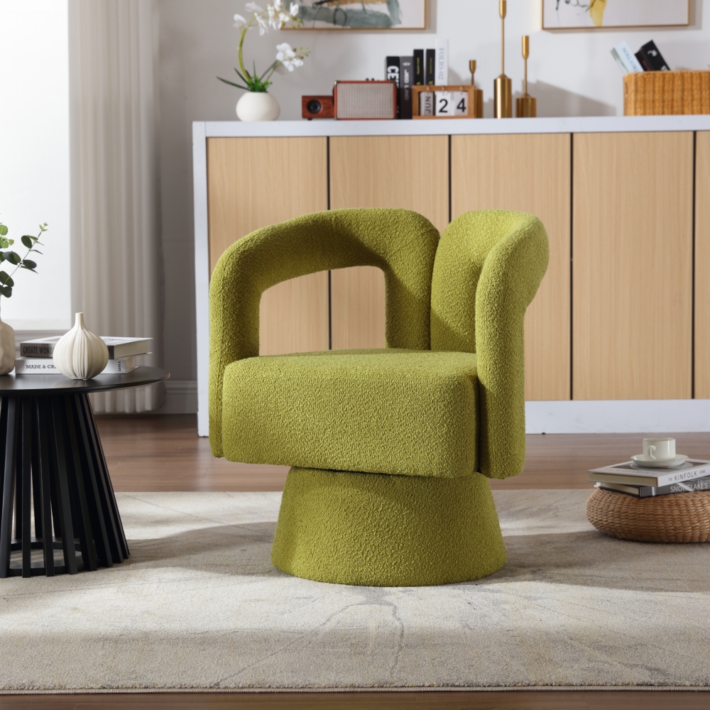 Sillón bouclé verde oliva giratorio 360° para dormitorio