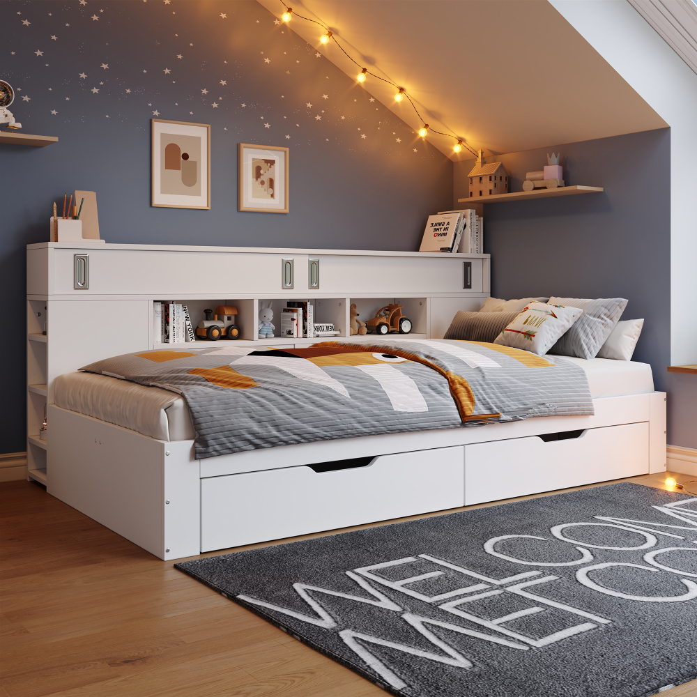 Cama 140x190 cm con cajones, estantes y armario mdf – color blanco