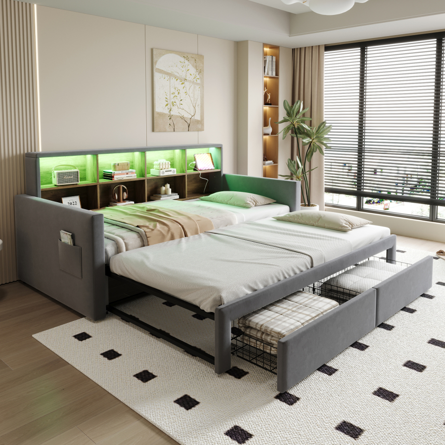 Cama nido 90/180x190cm con almacenaje y LED terciopelo – gris