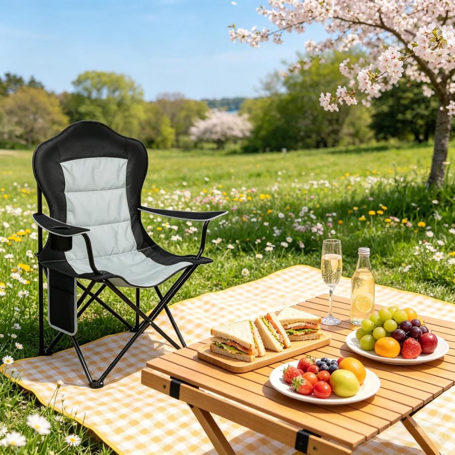Silla camping oxford negro/gris con bolsa y portavasos