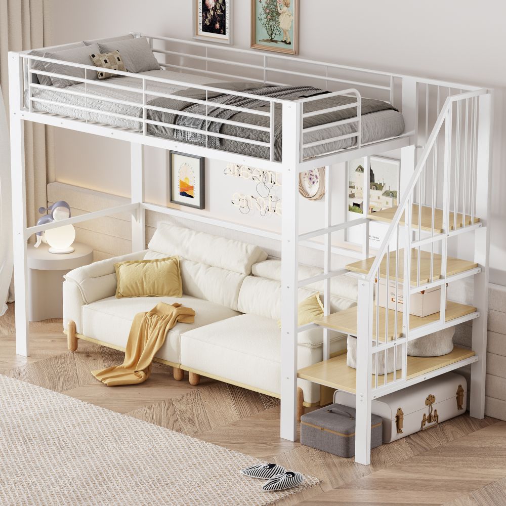 Cama alta metálica 90x200cm con escalera y espacio inferior libre – blanco