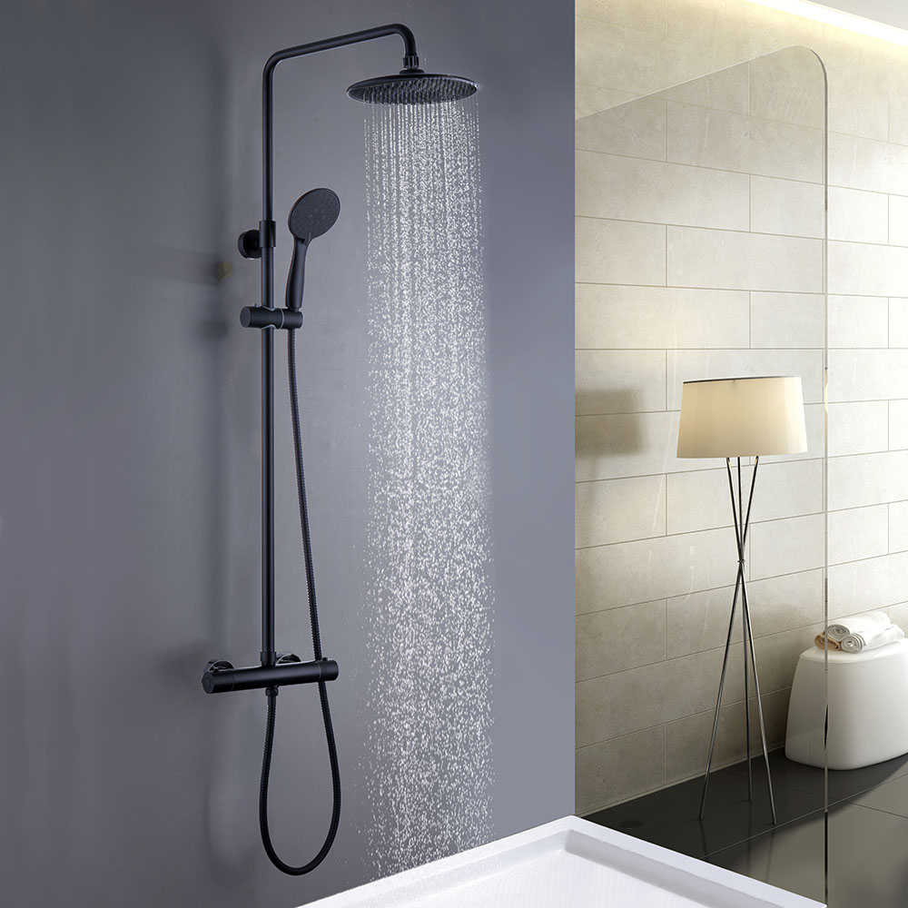 Kibath columna ducha termostática redonda de 83-120 cm negro mate de latón