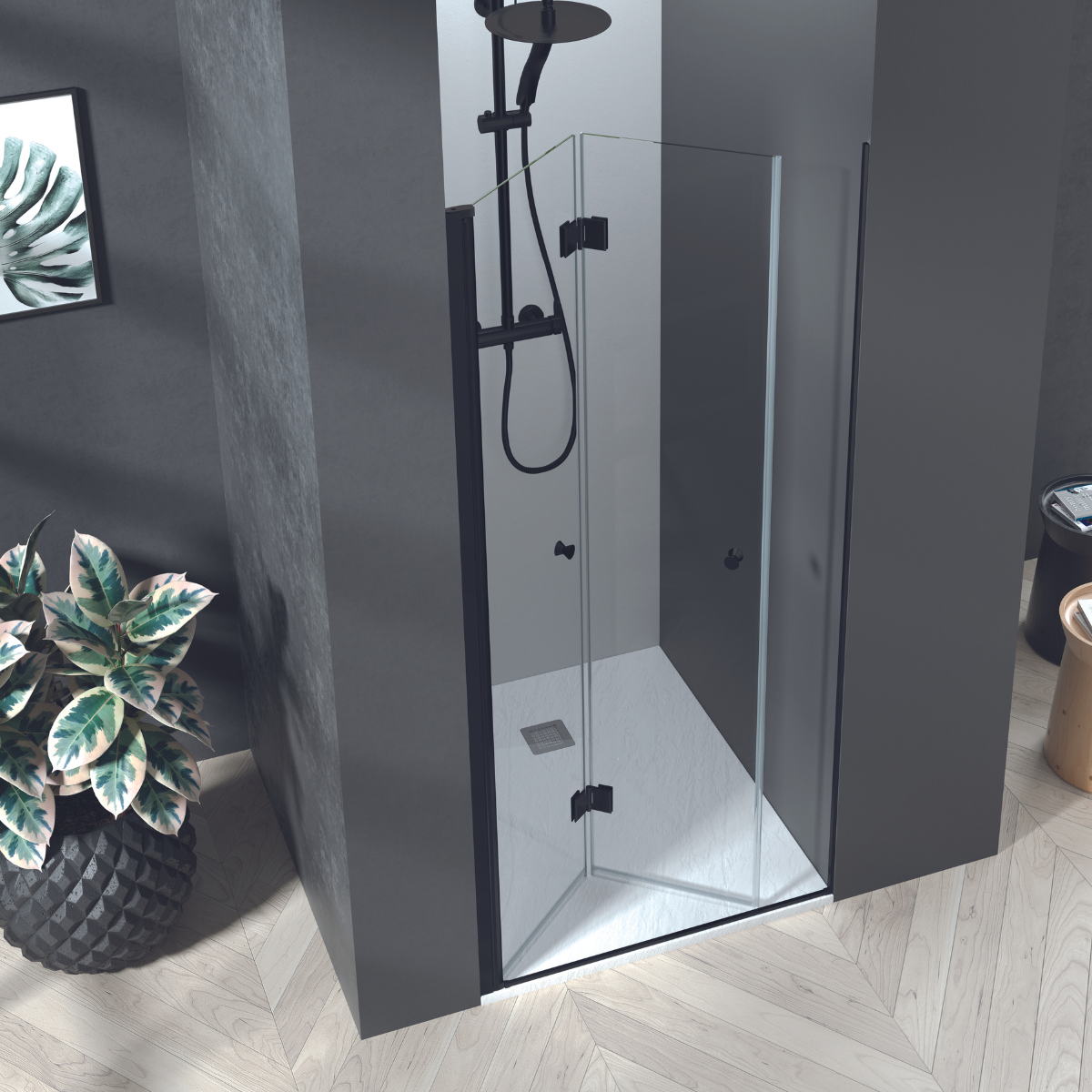 Mampara ducha frontal puerta plegable 65cm transparente negro