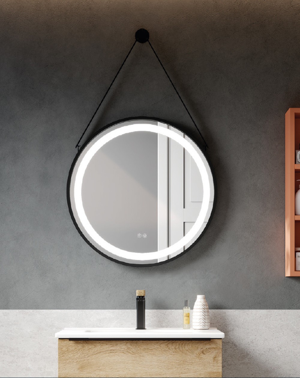 Espejo redondo baño luz LED 70cm negro