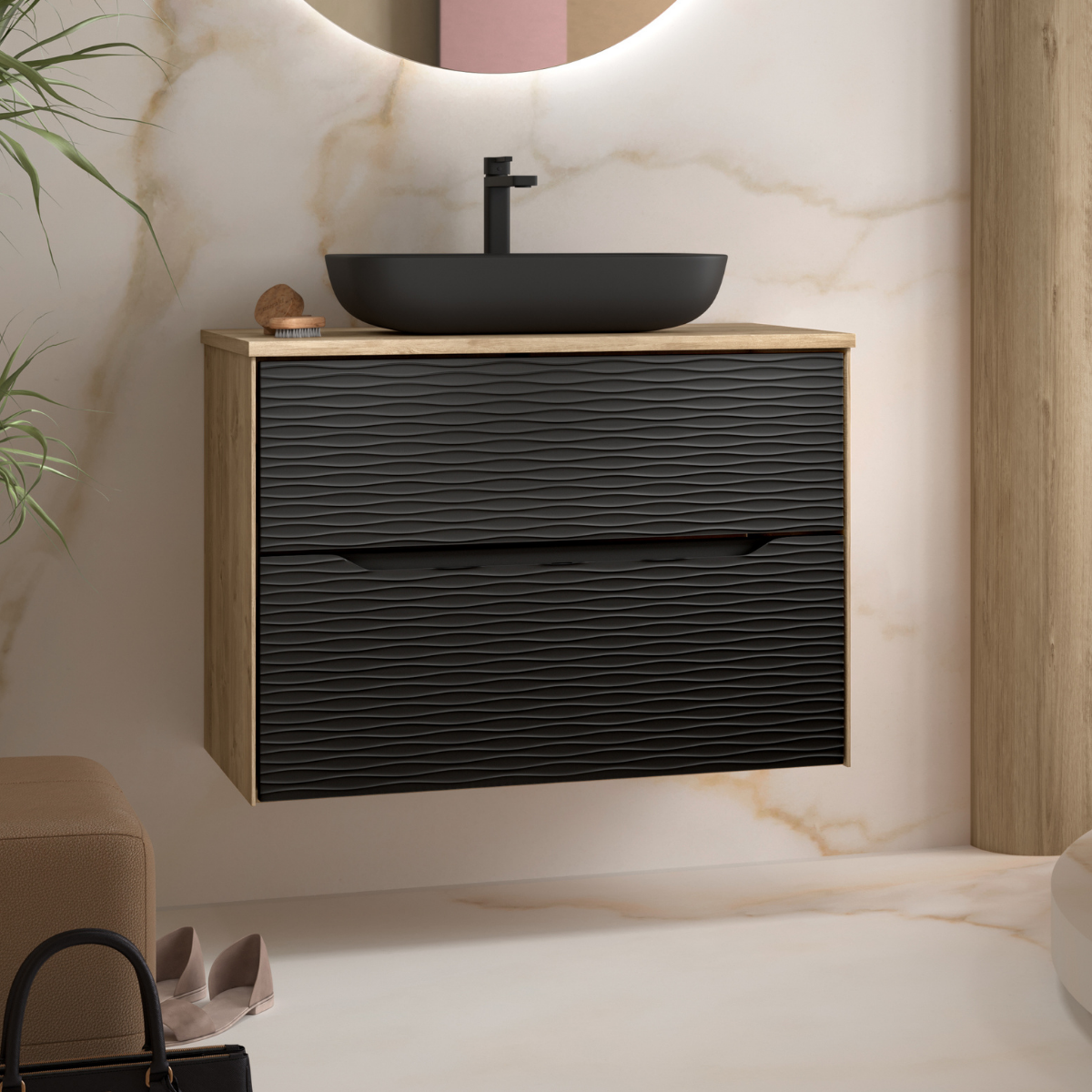 Mueble baño suspendido con tapa y lavabo | roble natural - negro 100cm