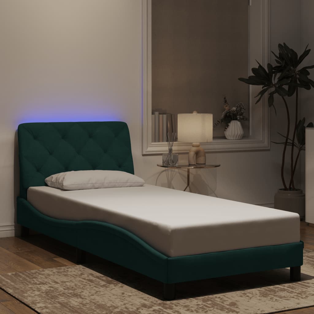 Cama 90x200 cm,cama con luces LED terciopelo verde oscuro rhu2239