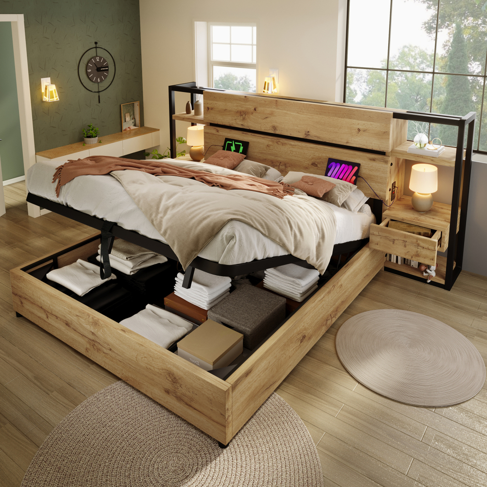 Cama doble madera 180x200cm con canapé abatible, mesitas con cajones, roble