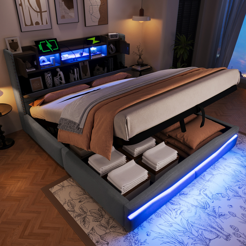 Cama tapizada 160x200 cm con canapé hidráulico y LED lino – color gris