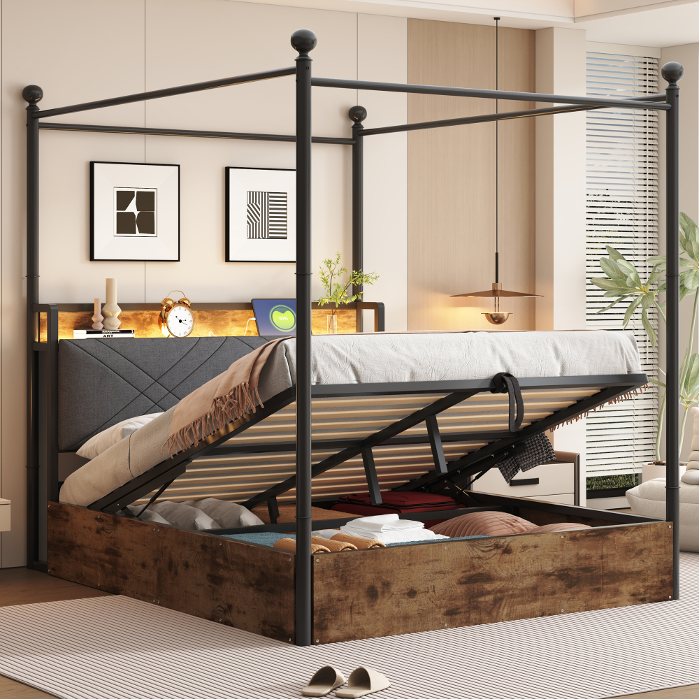 Cama individual 90x190cm con dosel desmontable y almacenaje metal – negro