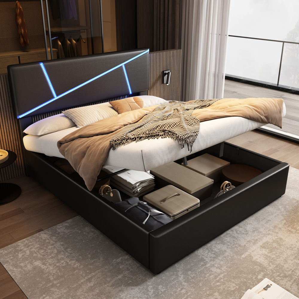 Cama tapizada 140x200 cm con LED y canapé piel sintética – color negro